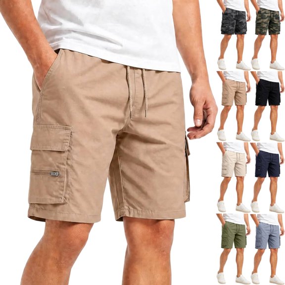 Cargo Shorts Mens Knee Length Camo Casual Classic Relaxed Fit Drawstring Waist with Pockets Khaki M