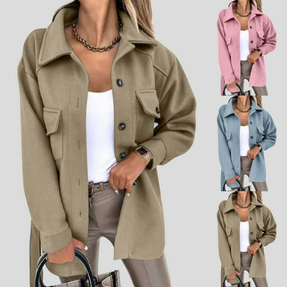 Brondbend Coats Women Jacket Womens Turndown Collar Long Sleeved Button Outerwear Solid Color Warm Casual Loose Jacket Lady Vacation Tops Blue