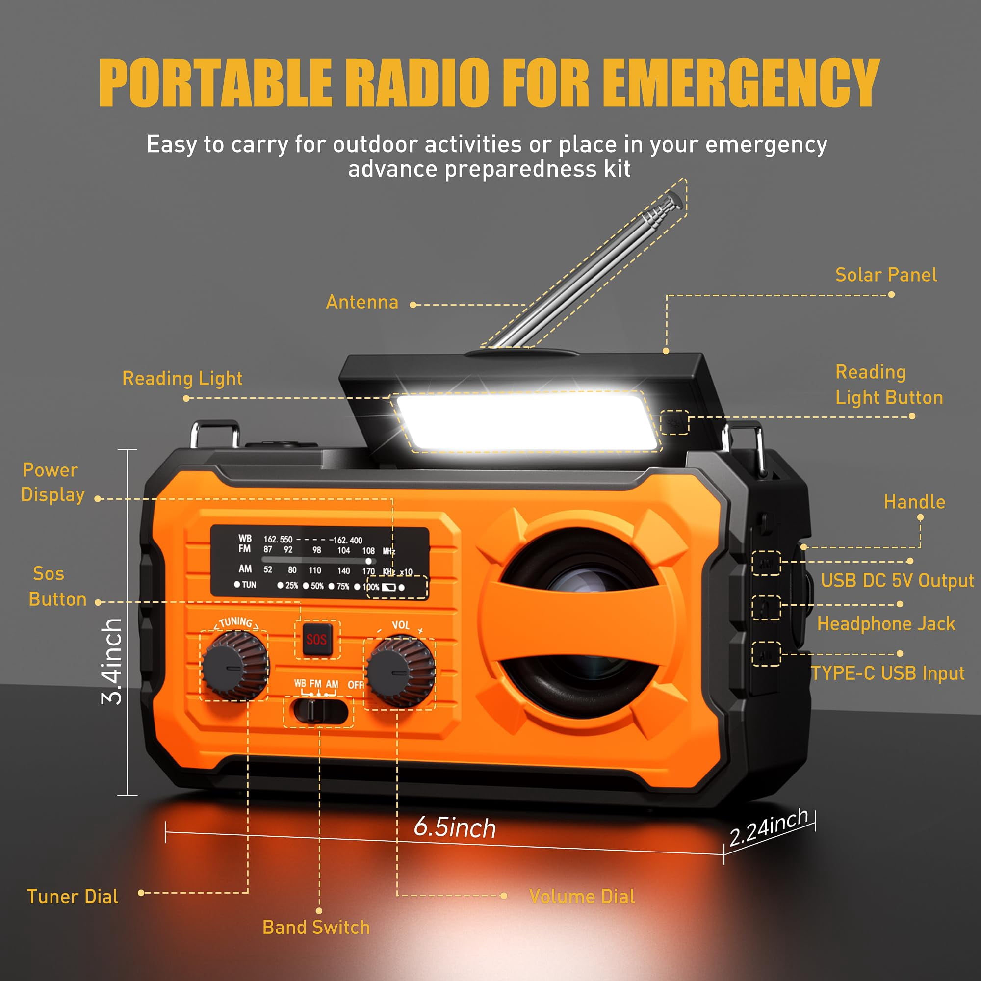 Hand Crank Emergency Radio  10000mah Weather With Am/fm/noaa Solar Prower Sos Alarm Phone Charging Led Flashlight Portable Gear For Outdoor & Home Emergencies Kits Orange
