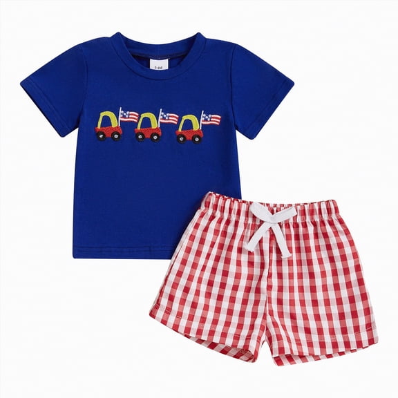 kpoplk Toddler Baby Boy 4th of July Outfit Short Sleeve American Flag Smocked T-shirt Elastic Waist Shorts Summer Clothes Size 6-12 Months,Red