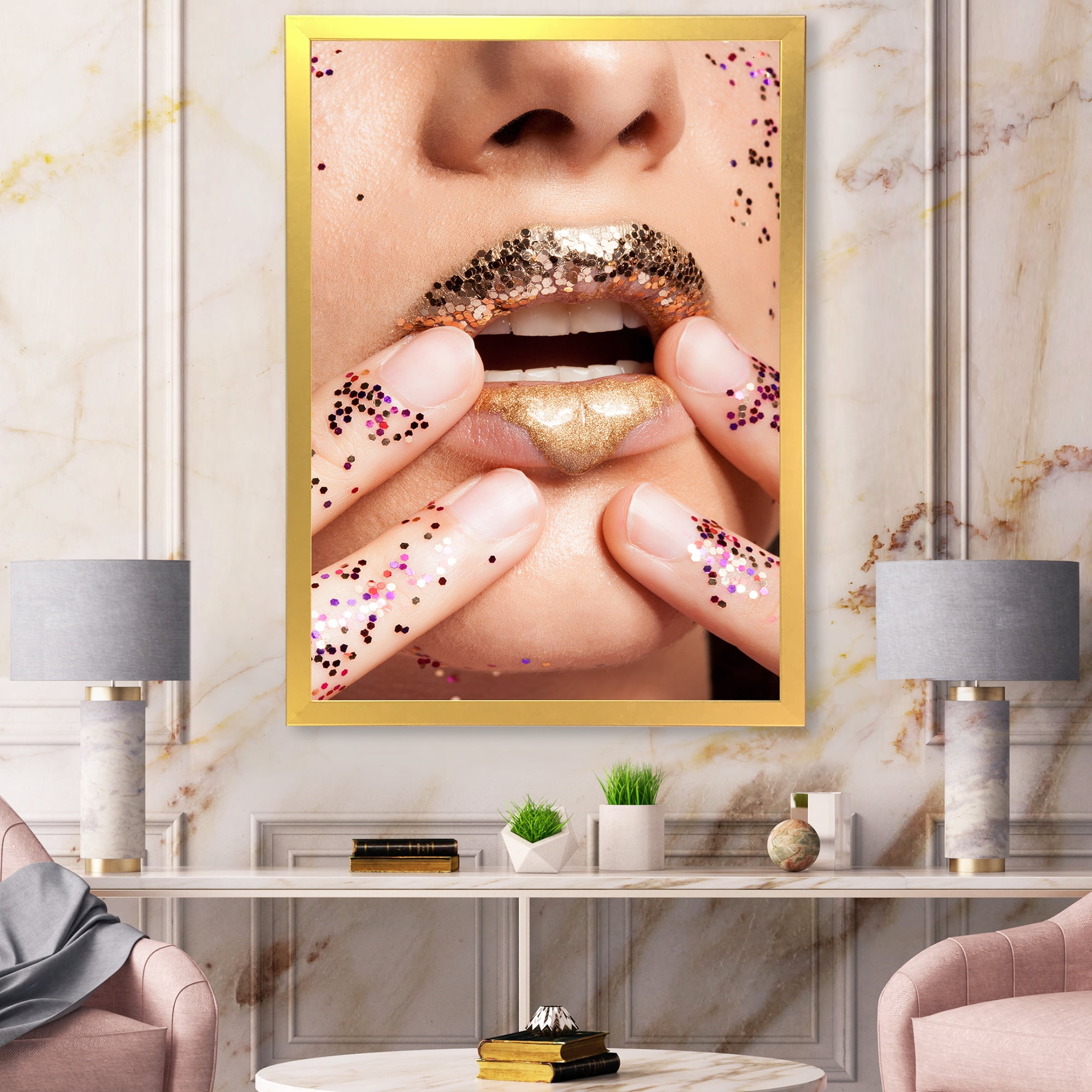Designart 'Female With Golden Lips and Glitter On Her Hands' Modern Framed Art Print
