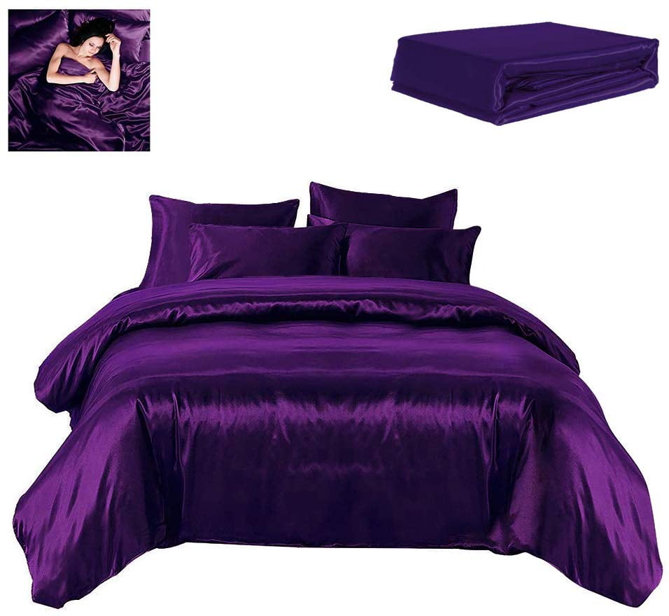 Ahmedani Linen Sexy Satin Sheets 6 Pcs Queen King Bedding Set 1 Duvet Cover 1 Fitted Sheet 4 Pillow Cases Many Colors Purple Queen Walmart Com Walmart Com
