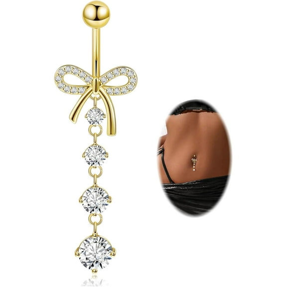 14G Dangle Belly Button Ring for Women Dangling Navel Ring Hypoallergenic Belly Ring Externally Threaded Barbell CZ Bow Navel Piercing Jewelry