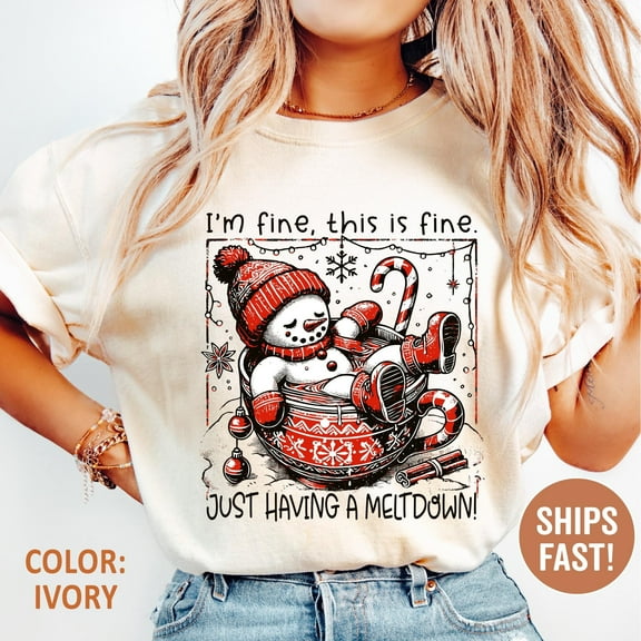 ChaChaCoo Retro Christmas Shirt I'm Fine This is Fine Just Having a Meltdown Funny Christmas Snowman Hot Cocoa Winter Sarcastic Merry Xmas Sweatshirt