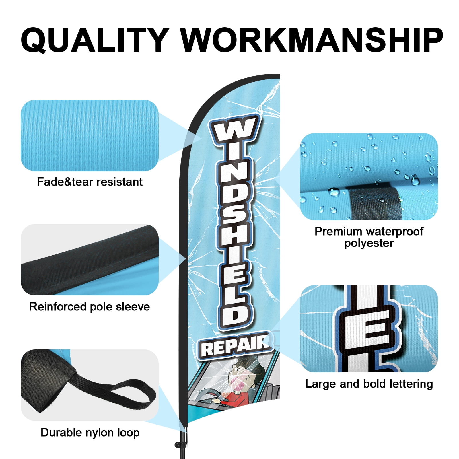 QSUM Car Repair Windshield Repair Feather Flag with Flag Pole Kit and Ground Spike, 8.2FT Car Repair Windshield Repair Windless Flag Banner Sign Business for Outdoor Advertising Sign Decoration Displa
