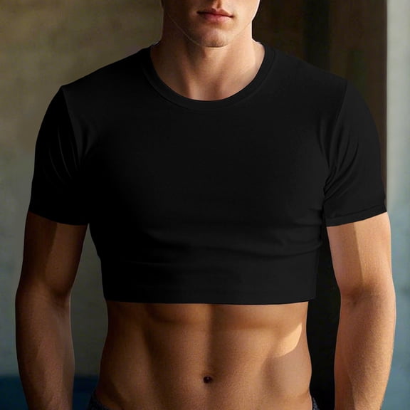 Men Solid Crew Neck Short Sleeve Crop T Shirt Slim Fit Muscle Crop Tops Breathable Casual Summer Workout Gym Short Tees S-XXL For Bodybuilding