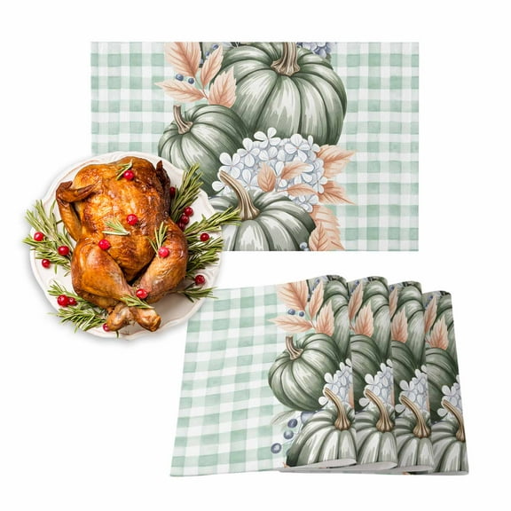 Fall Placemats Set of 4 Sage Green Pumpkin Place Mats Thanksgiving Placemat Flowers Leaves Plaid Table Mats for Dining Kitchen Table Holiday Dinner Party Home Fall Decorations 13x19 Inch