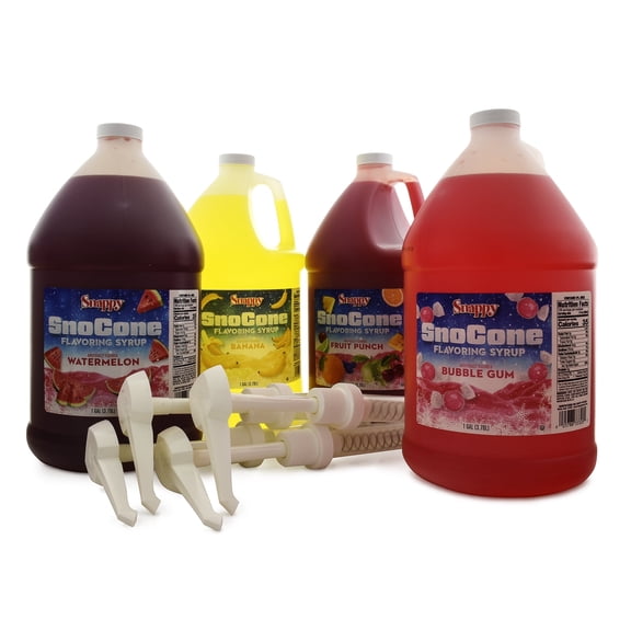 Snappy Sno Cone Syrup Variety Bundle, Watermelon, Banana, Fruit Punch, Bubble Gum, Flavored Syrup for Shaved Ice, 1 Gallon (128 oz), 4 Count with Syrup Pumps
