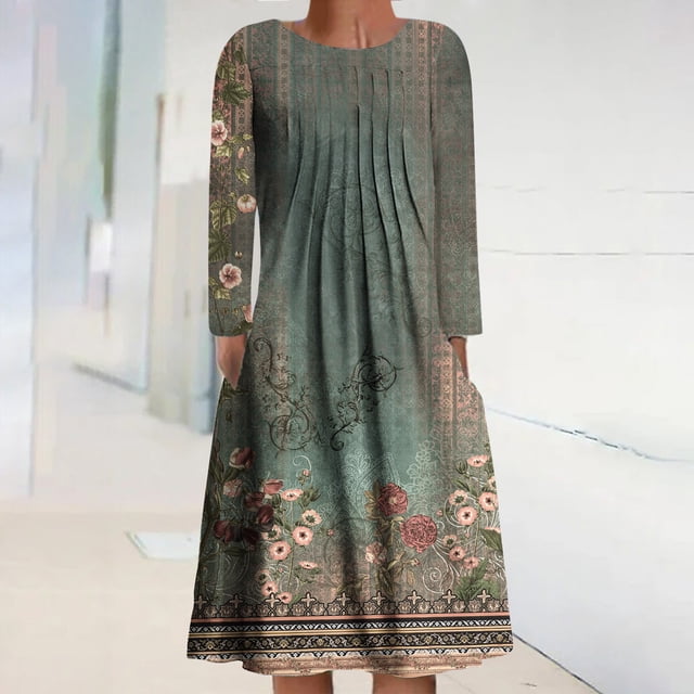 Fankiway Clair à Manches Longues Robes Femmes Casual Col Rond Manches Longues Pliage Imprimé Floral Robes Femmes Grande Taille de Dégagement