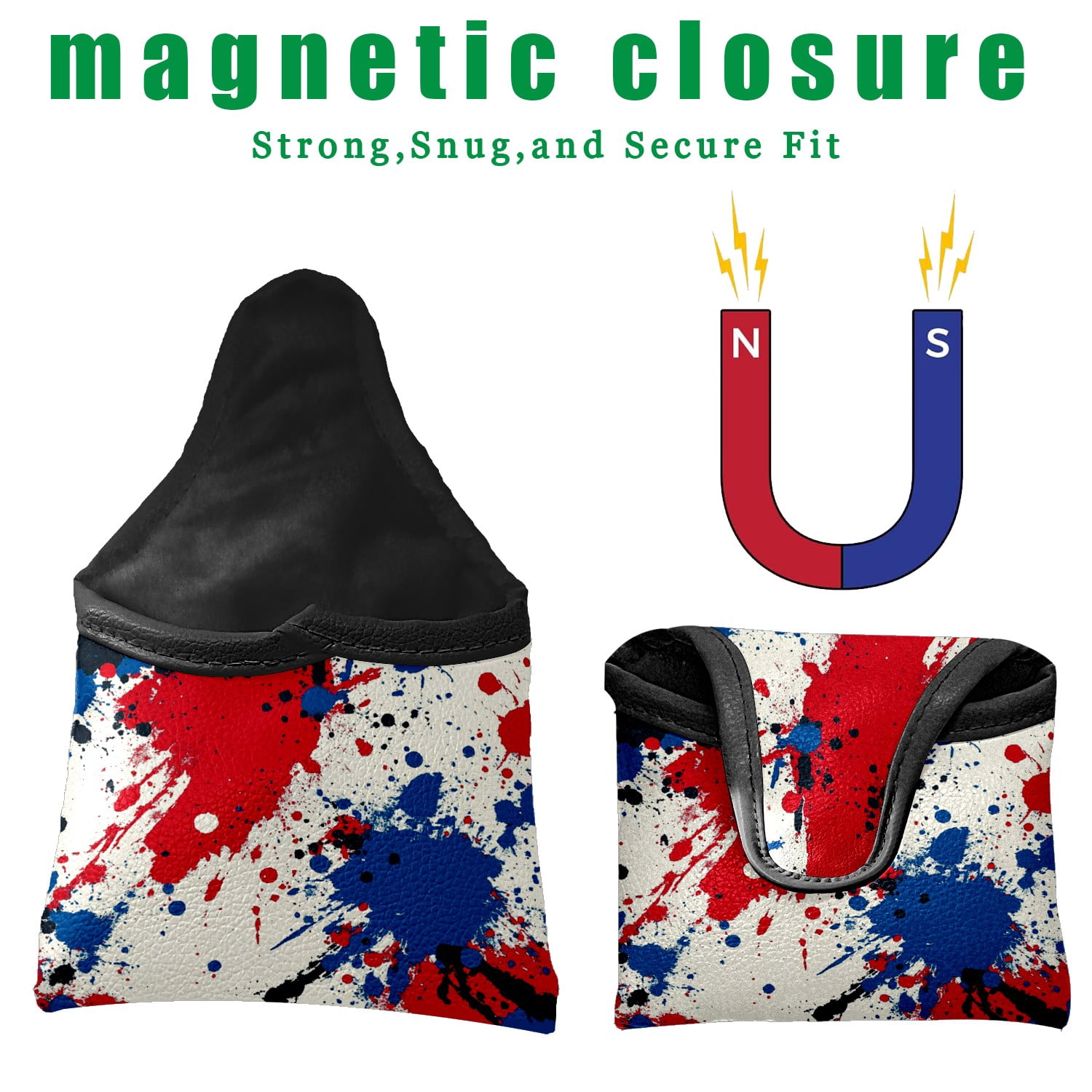 Golf Mallet Putter Cover Premium Leather Waterproof Golf Putter Head Cover with Magnetic Closure Red Blue Paint Splash