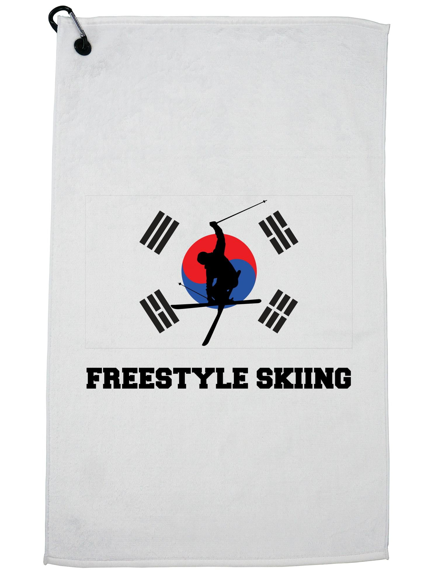 South Korea Olympic Freestyle Skiing Flag Silhouette Golf Towel with Carabiner Clip by Hollywood Thread