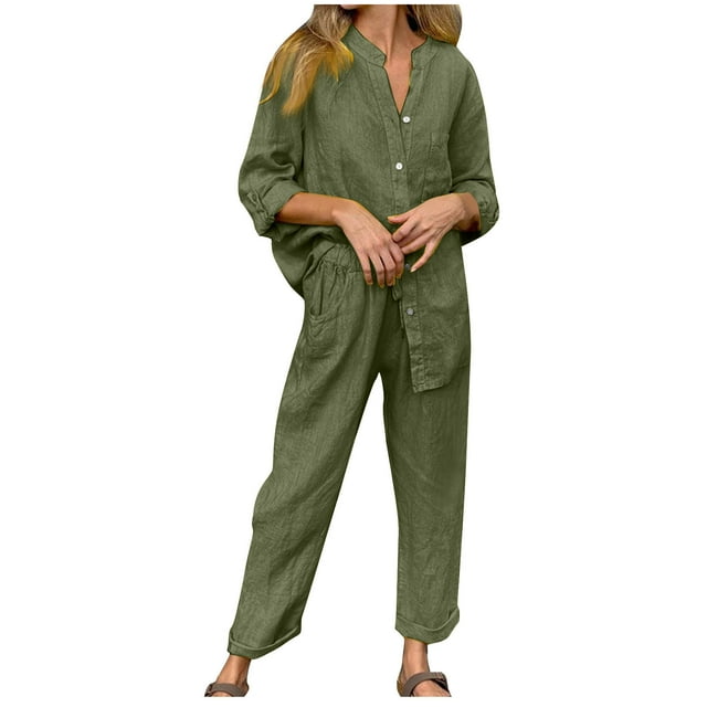Timegard Plus Size Outfits for Women Button up Long Sleeve V Neck Tops Straight Wide Leg Pants with Pockets Lounge Sets