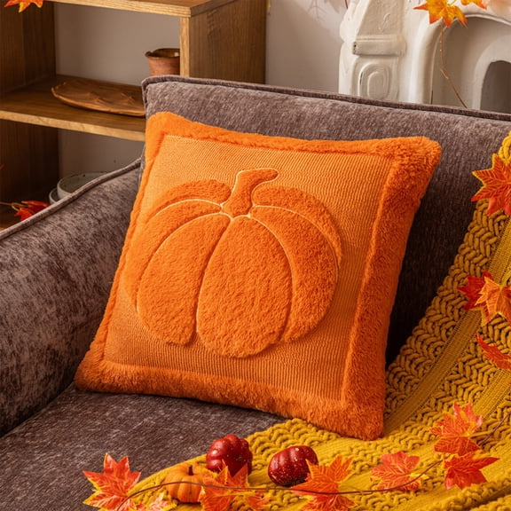 Throw Pillow Covers 20x20 Inch, Soft Plush Pumpkin Decorative Square Pillowcases, Farmhouse Holiday Cushion Covers for Sofa Living Room Home Fall Halloween Thanksgiving Decor