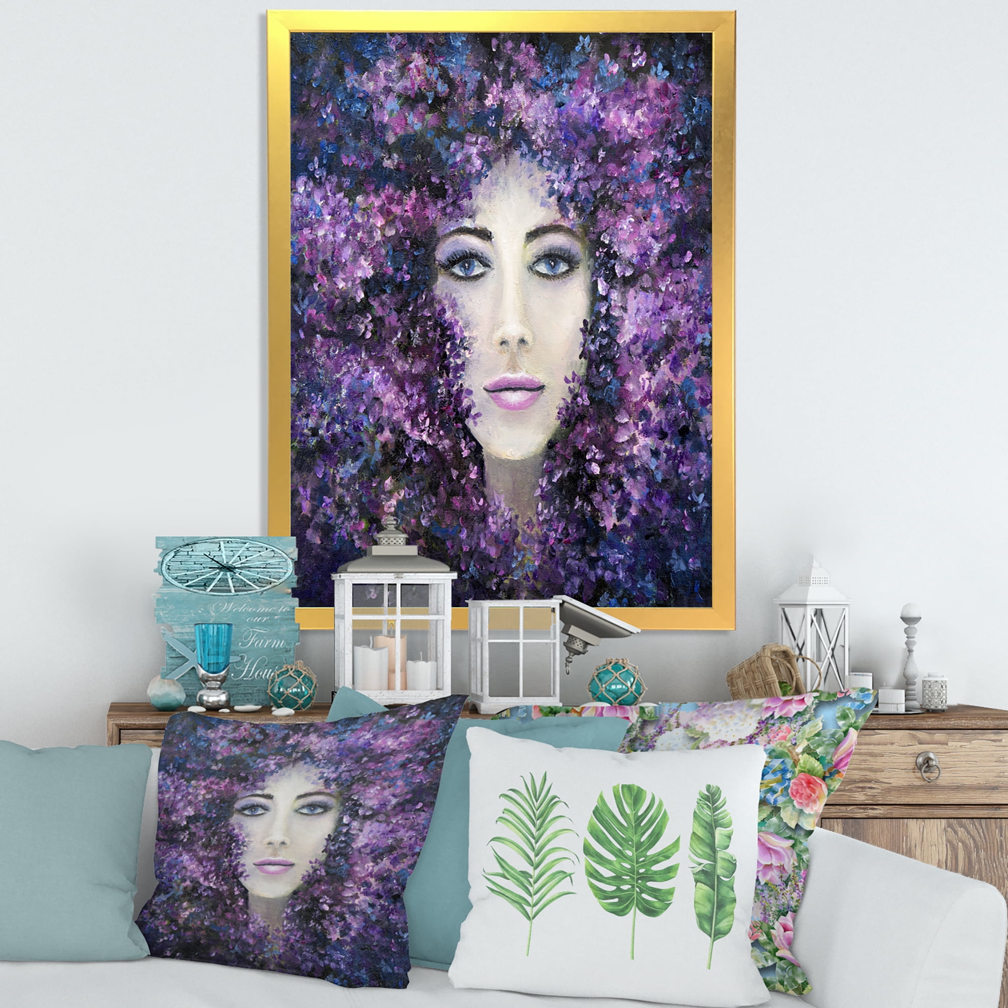 Designart 'Portrait of A Lady With Purple Lavender Flowers' Modern Framed Art Print