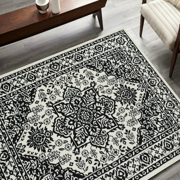 HR HANDCRAFT RUGS HR Traditional Rug for Living Room Antiqued Oriental Black and White Area Rug Boho Decor Rugs for Bedroom Salt and Pepper - 7' 5" x