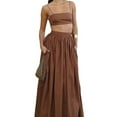 thumbnail image 3 of Women'S 2-Piece Set Sleeveless Strappy Tank A-Line Maxi Skirts Casual Pleated Beach Boho Maxi Skirt with Pocket Brown S, 3 of 9