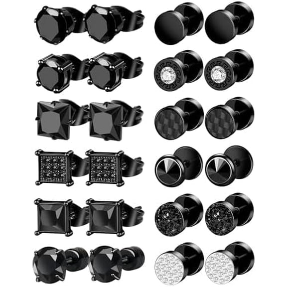 TAVENE 12 Pairs Mens Black Earrings, Stainless Steel Square Cubic Zirconia Stud Earrings Set Hypoallergenic for Multiple Piercing