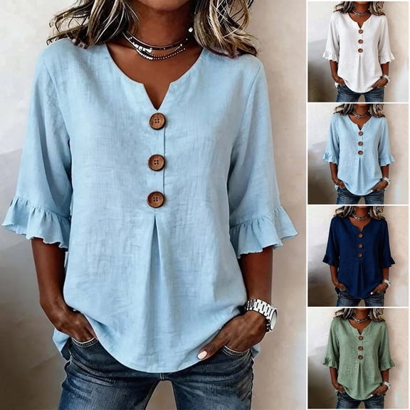 Women Casual Cotton Linen V Neck 3/4 Sleeve Button Decor Loose Fit Summer Blouse Top