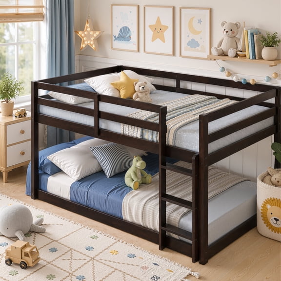 UHOMEPRO Twin Over Twin Bunk Bed for Kids, Solid Wood Low Floor Bunk Bed with Safety Rail and Ladder, Heavy Duty Kids Bunk Bed, Space-Saving Bed Frame for Bedroom, Espresso