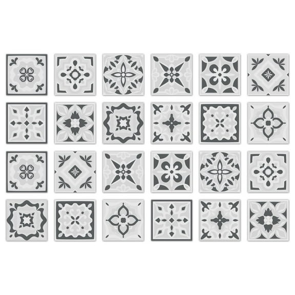 24 Piece Vinyl Gray Floral Tiles Stickers 4" x 4" Self Adhesive Waterproof DIY Decor Peel and Stick Wall Decals Bathroom Kitchen Backsplash