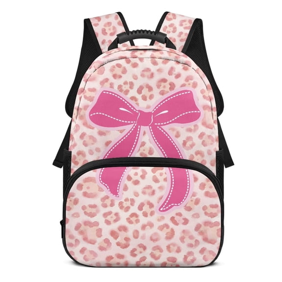 Yspwyqan Kids Girls Backpack, 17 Inch Large Capacity School Bag, Double Zipper with Front Pocket, Pink Leopard Bow Lightweight Bookbag for Middle High School Travel