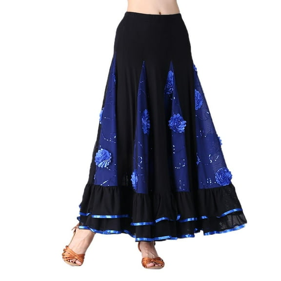 Stylish Womens Flamenco Ballroom Waltz Dance Swing Skirt Sequined Floral