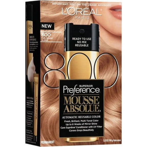 L'Oreal Paris Superior Preference Mousse Absolue Hair Color, 800 Pure Medium Blonde, 3.2 oz