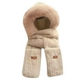 thumbnail image 2 of Solid Color Hooded Scarf Hat with Mitten Pockets 3 in 1 Knit Winter Accessory Khaki One Size, 2 of 5