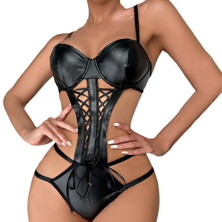 

Womens Lingerie For 1 Pc Leather Teddy Bodysuit Cutout Off Shoulder Conjoined Pu Lace Up Garter Teddy Bodysuit Sleepwear For Women
