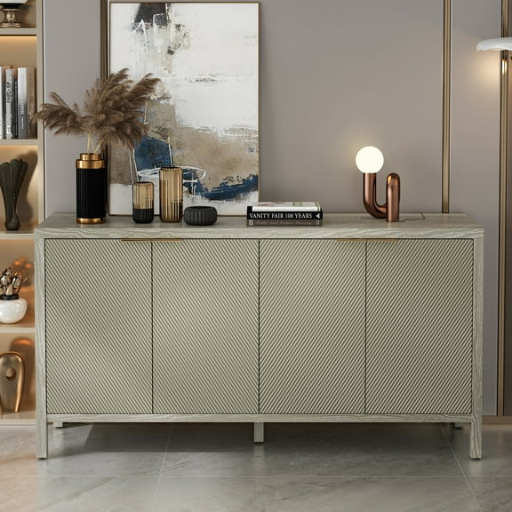 59" Storage Cabinet with with & Adjustable Shelves, 4 Doors Sideboard, Champagne