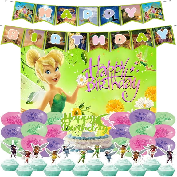 Tinker Bell Party Supplies, Birthday Party Decorations Set Include Banner, Backdrop, Balloons, Cake Cupcake Toppers, for Boys Girls Tinker Bell Theme Party