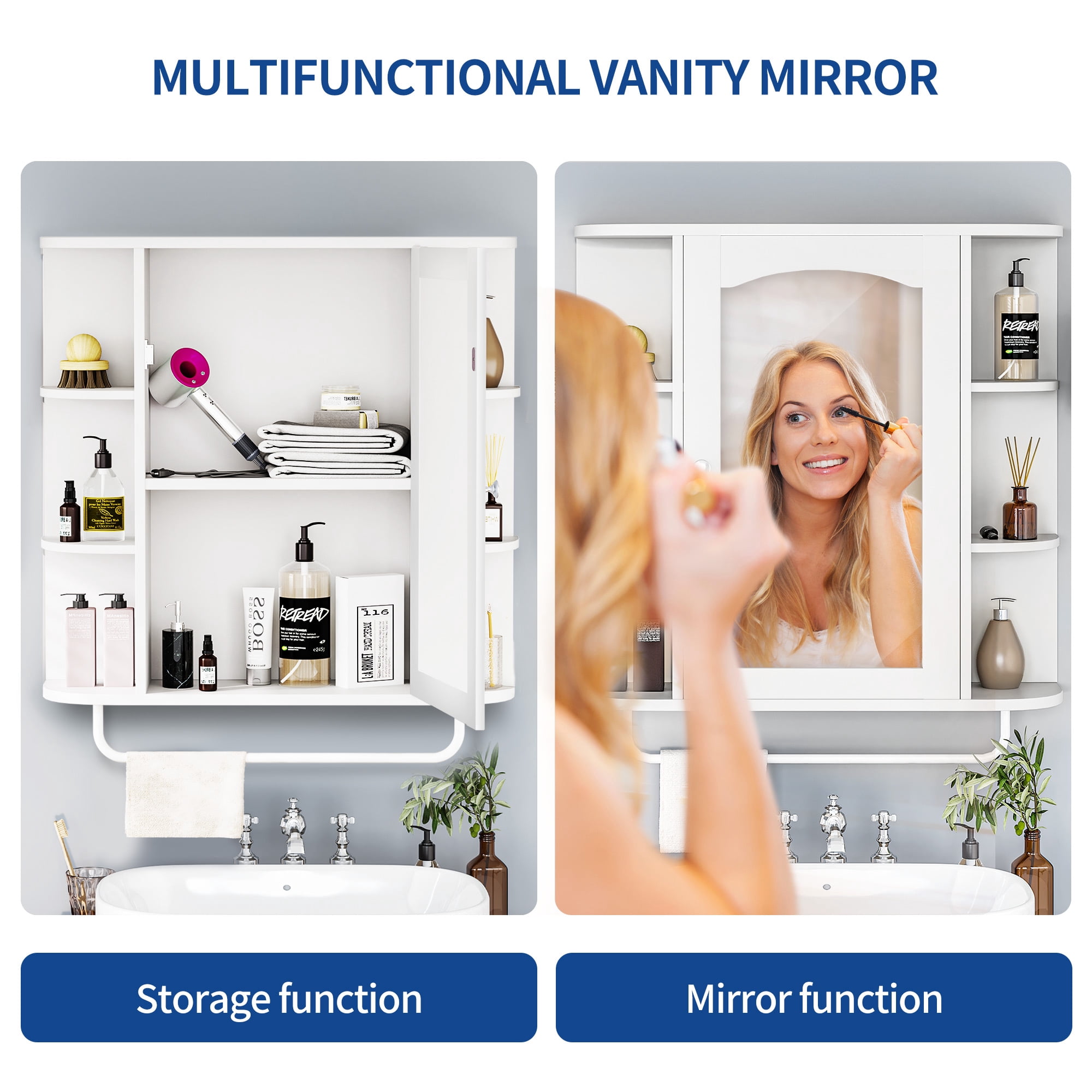 Dextrus 26" Bathroom Cabinet with Mirror Door, Wall Mounted Medicine Cabinet Organizer with Adjustable Shelves for Home, Bathroom, White