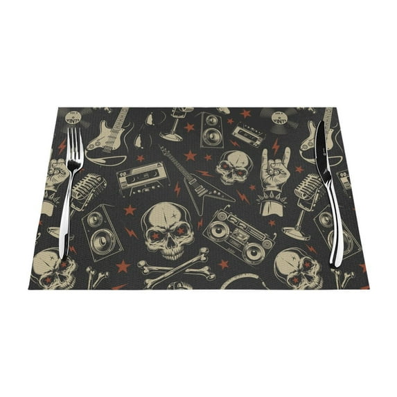 XMXT 6 Pcs Woven Placemats, Skeleton Rock Music Print Stain Resistant Anti-Skid Placemat for Kitchen Table, 12 x 18 inches