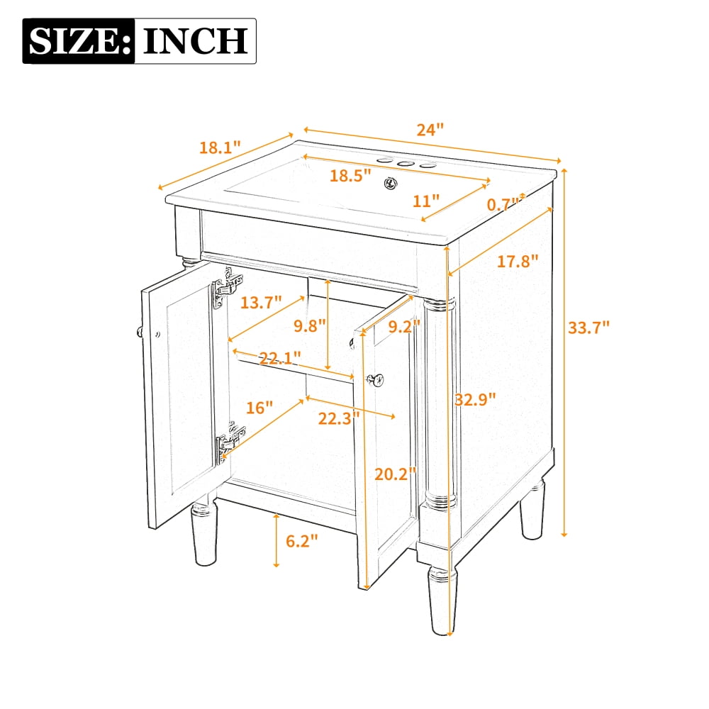 24'' Bathroom Vanity with Top Sink - Single Sink Style, 2-Tier Storage Cabinet & Spacious Shelves for Modern Bathrooms