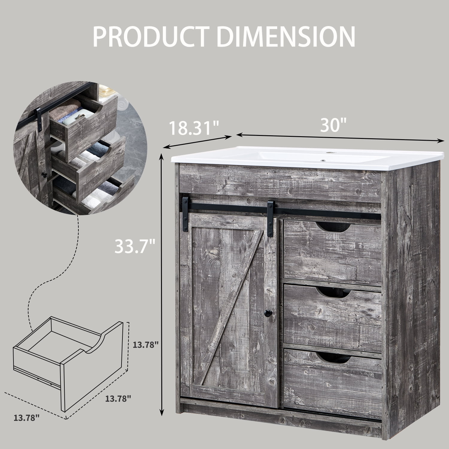wow97e Farmhouse Bathroom Vanity with Sink, 24" Freestanding Bathroom Vanity Cabinet with Sliding Barn Door, 3 Storage Drawers & Adjustable Shelves