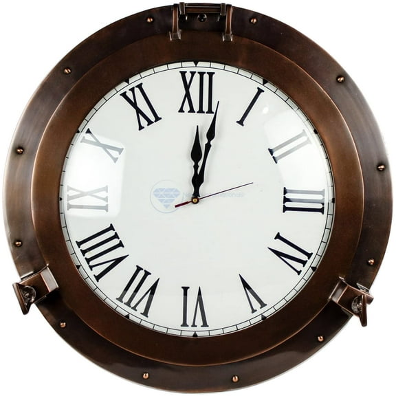 Nagina International 20" Antique Matte Copper Brown Porthole Nautical Roman Clock | Large Lavish Sailor's Maritime Gift
