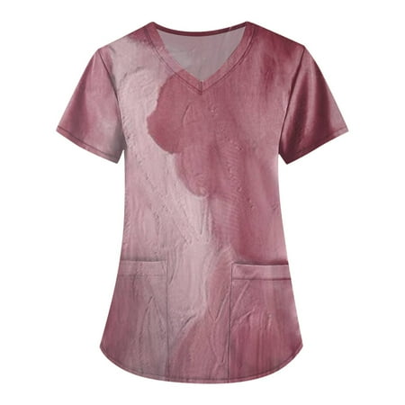 

QWERTYU Scrubs Top for Women Tie-Dye Professionals Nursing Scrubs Short Sleeve Casual T Shirt Pockets V Neck Uniform Pink L