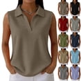 thumbnail image 2 of Waffle Tank Tops for Women Sleeveless Polo Shirts V Neck Collared Golf Shirts Office Business Casual Summer Vest Tops,Brown,M, 2 of 5