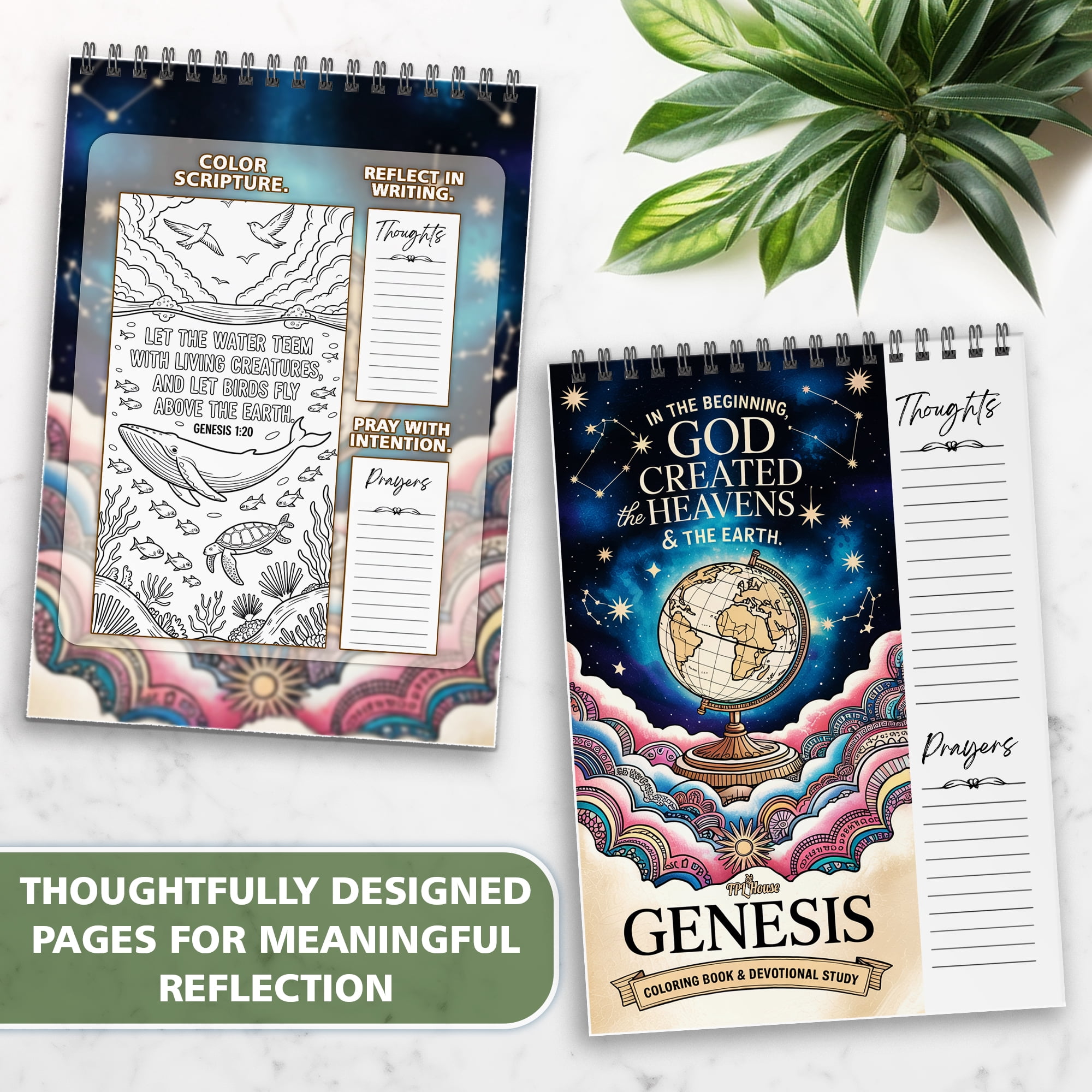Genesis Coloring Book for Adults, 30 Minimalist Scripture Art Pages with Reflection & Prayer Space, Spiral Bound, A4 or A5 Softcover or Wood Cover