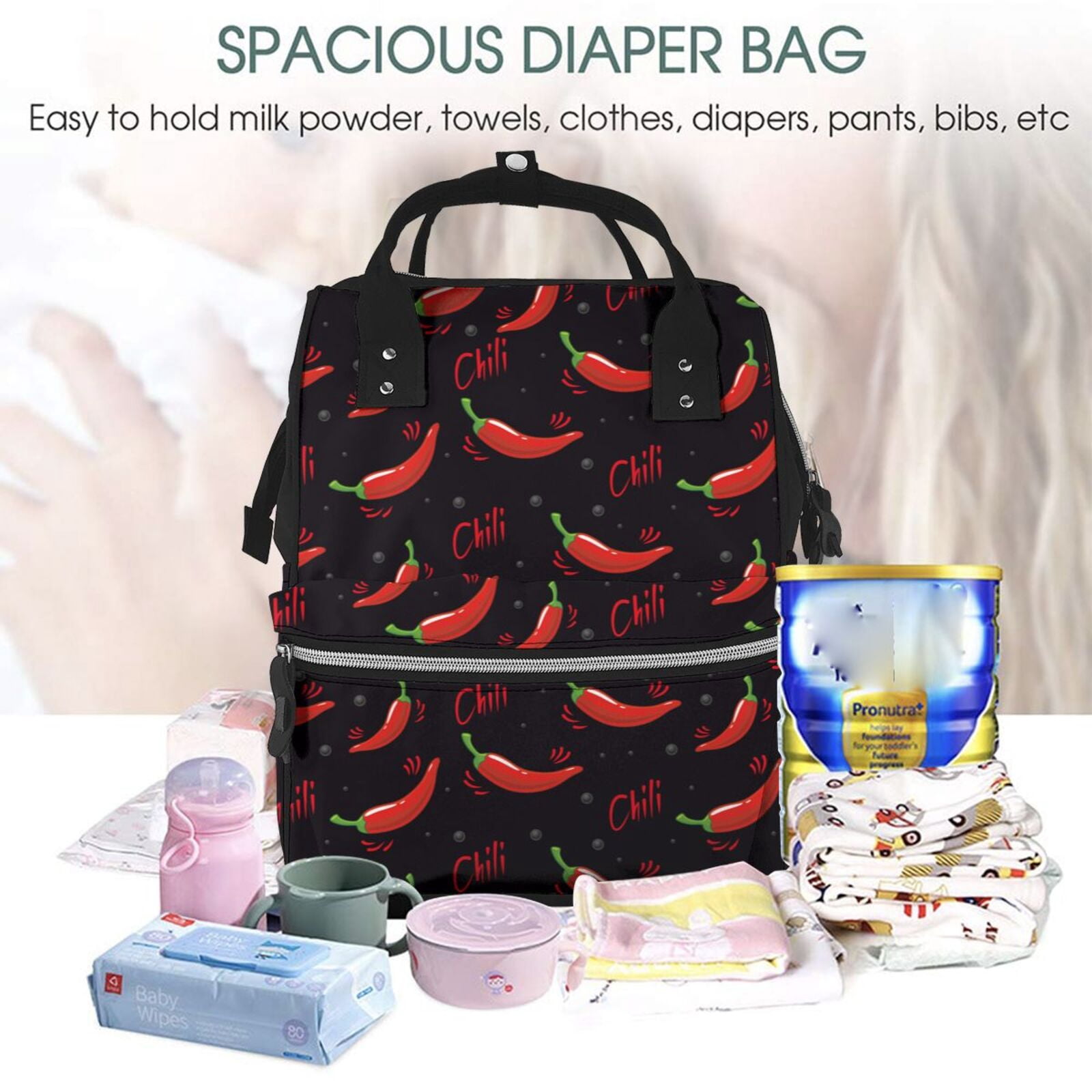 Ratiio Red Hot Chili Mummy Backpack - Waterproof Twill Canvas, Large Capacity Diaper Bag with Multiple Pockets and Adjustable Straps