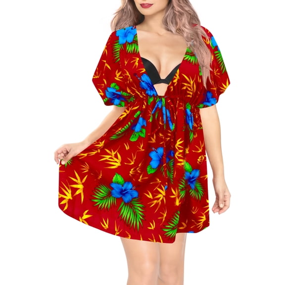 HAPPY BAY Women's Summer Swim Beach Cover Ups For Swimwear Women Mini Tropical Dress Swimsuit Coverups For Women V Neck Tops for Women Mother's Day Gifts XL-XXL Berry, Floral Hibiscus