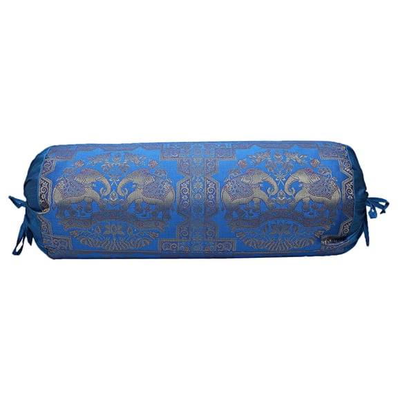 Stylo Culture Indian Cylindrical Decorative Bolster Pillow Cover For Bedroom Turquoise Gold Elephant Polydupion Brocade Silk Jacquard Neck Roll Home Decor Tubular Bolster Case | (1 Pc) | (76x38 cm)