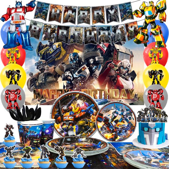 Transformers Décorations d'Anniversaire, 114 Pcs Vaisselle Transformers - Bannière Brune Ballons Décoration de Gâteau Toile de Fond Assiettes Nappe Etc. Fournitures de Fête