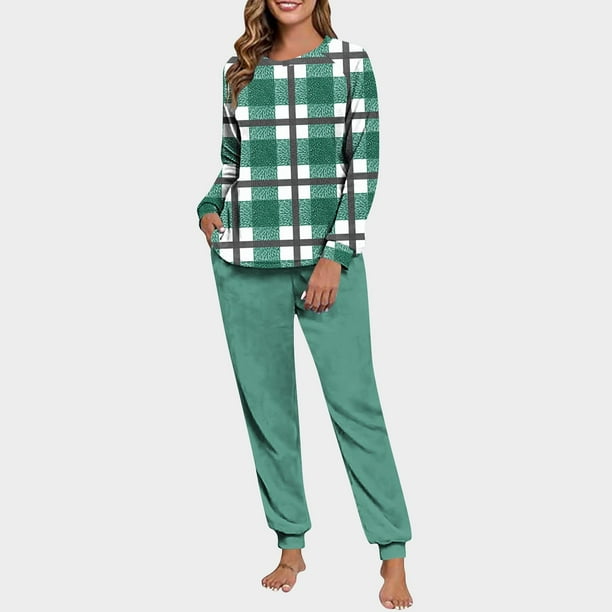 Conjunto de pijama informal de invierno para mujer, de doble cara, con cuello redondo estampado, manga larga, top anudado a mano, pantalones con cordón ajustable, ropa de casa, blusa de poliéster.