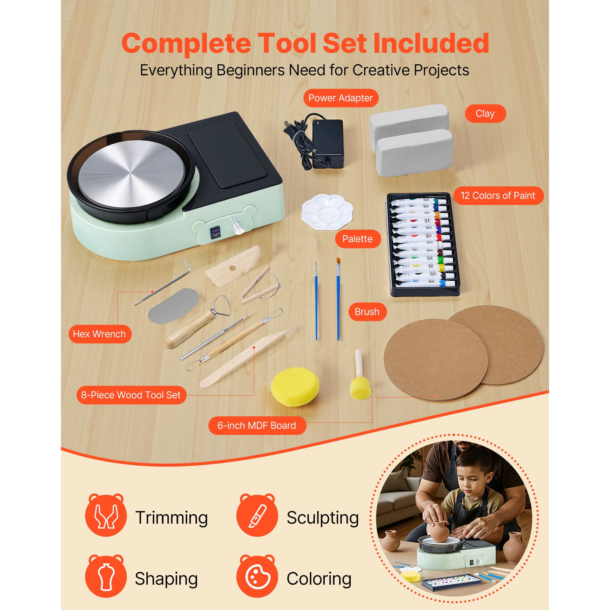 KFFKFF Mini Pottery Wheel with 6-Inch Turntable, Adjustable Speed, Forward and Reverse Rotation, Electric Clay Wheel for Kids and Adults, Includes Clay Shaping Tools, Ideal for Home Projects and Pott