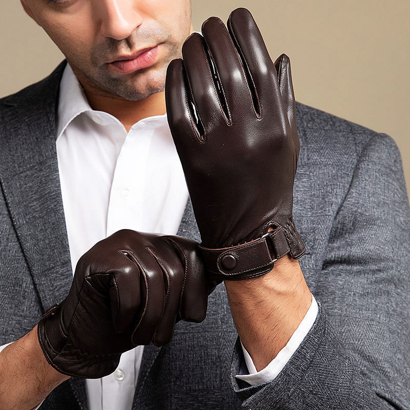 Genuine Leather Gloves Men's Winter Warm Leather Gloves Riding Motorcycle Driving Thin Fleece-lined Thickened Sheepskin Gloves-Black-M-Add fluff style
