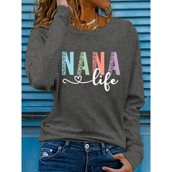 Nana T Shirt Women Funny Letter Print Love Heart Graphic Grandma Gift Tops Tees Casual Long Sleeve Shirts Top, S