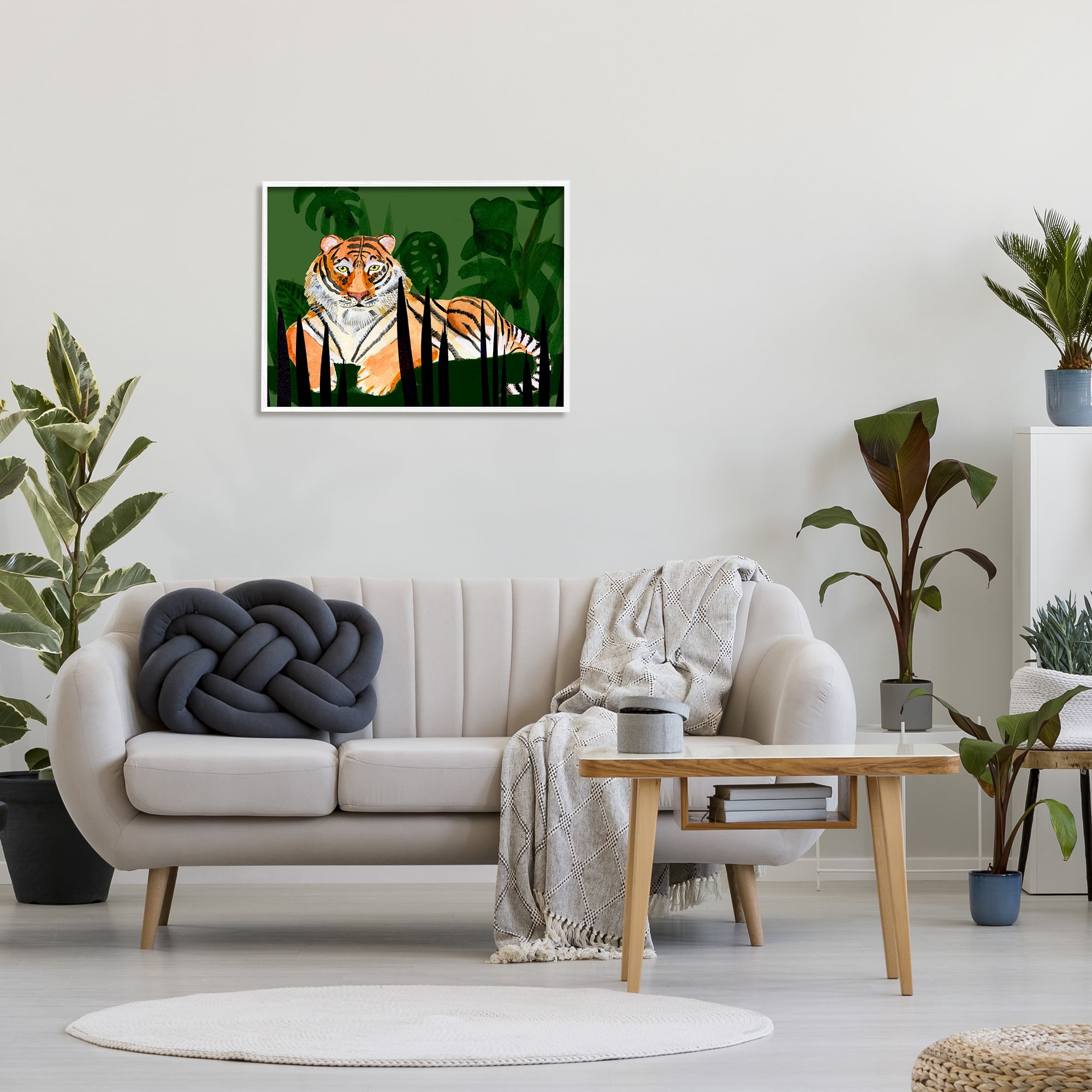 Stupell Tiger Tropical Plants Nature Animals & Insects Painting White Framed Art Print Wall Art