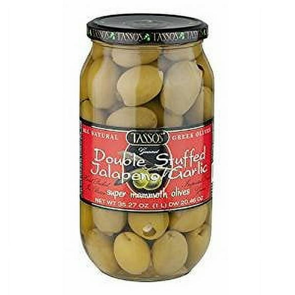 Tassos Double Stuffed Jalapeno and Garlic Olives, 1 Liter (pack of 6)