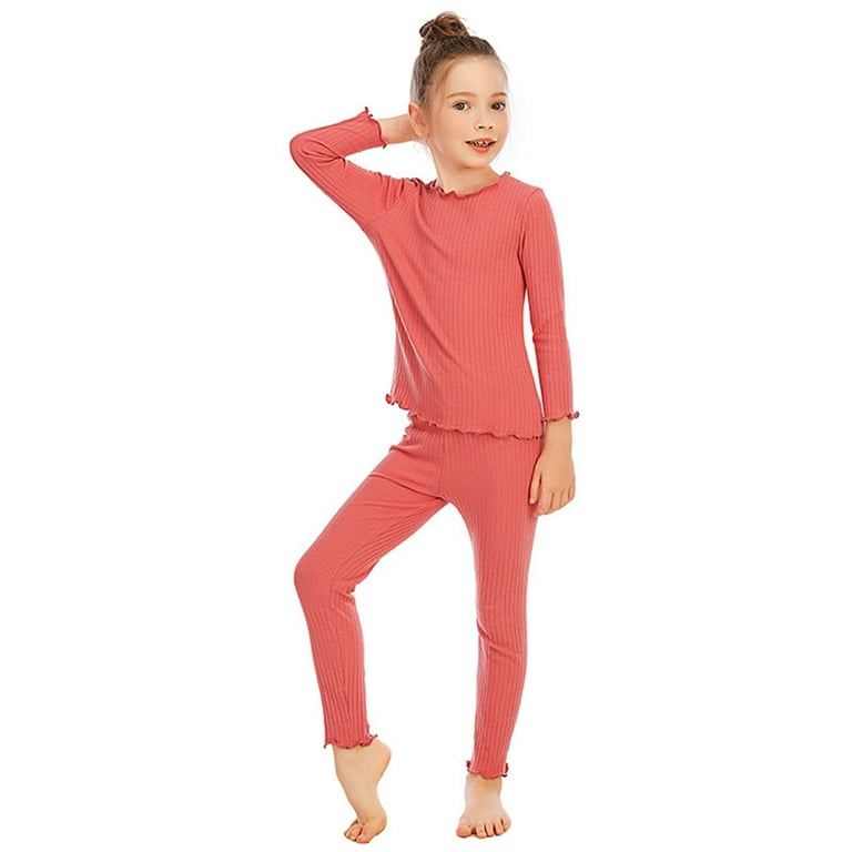 Baywell Girls' Thermal Underwear Set 2 Piece Cotton Knit Thermal Top and Long  Johns Pajamas Set Ruffle Ribbed Thermal Pjs Ultra Soft Winter Base Layer  for Girls 5-14T 